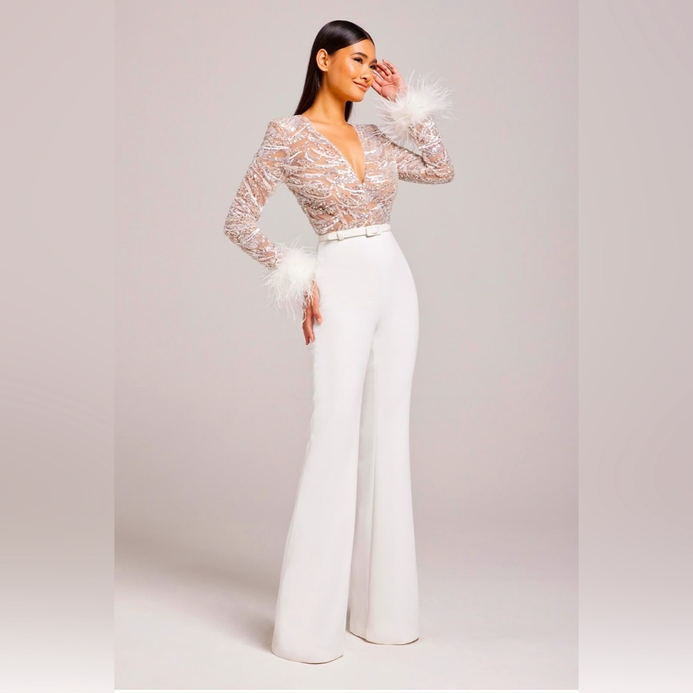 NADINE MERABI White Wide-Leg Jumpsuit with Feather Cuffs